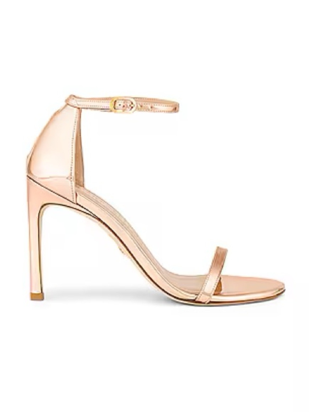 Stuart Weitzman Rose Gold Chrome Patent Leather Nudistsong Strap Sandals 38